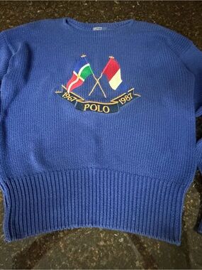 Polo by Ralph Lauren Royal Blue Crewneck Sweater with Flag Crest